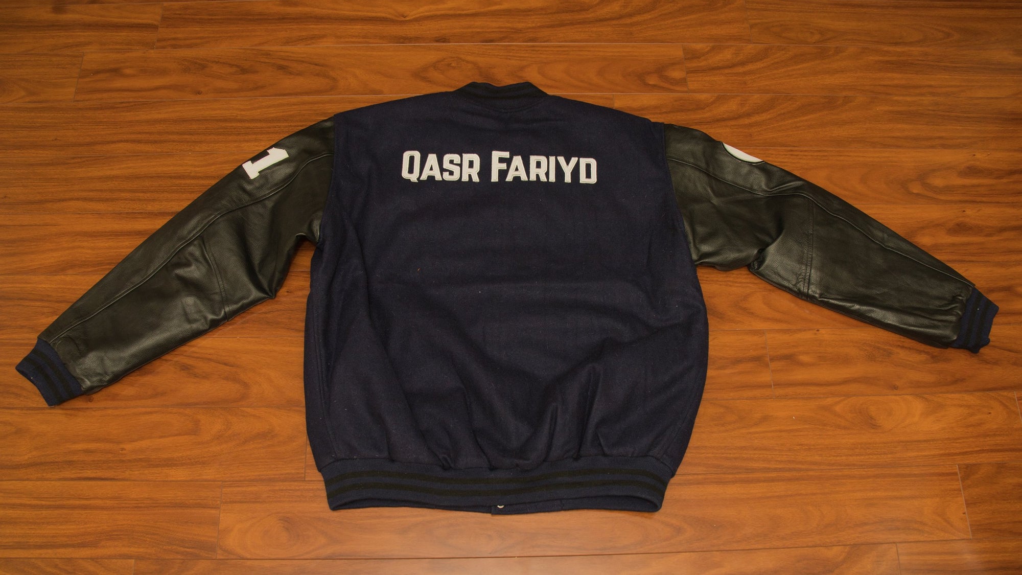 Qasr Fariyd Dark Blue Varsity Jacket White Logo